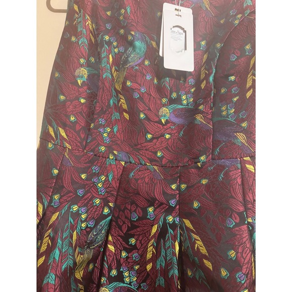 HuangJiWu Jewel Tone Jacquard Fit & Flare Bird Print Dress show XL Fit US 10 New - Picture 5 of 16